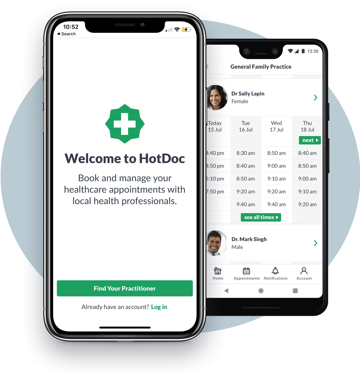 HotDoc app that is available to download on Android and iOS.